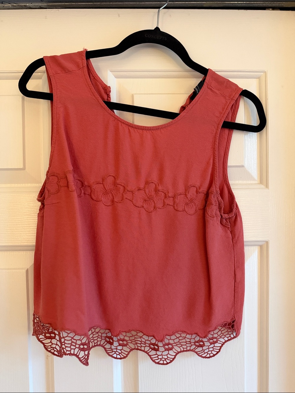 Forever 21 Coral Embroidered Floral Tank with Crochet Hem